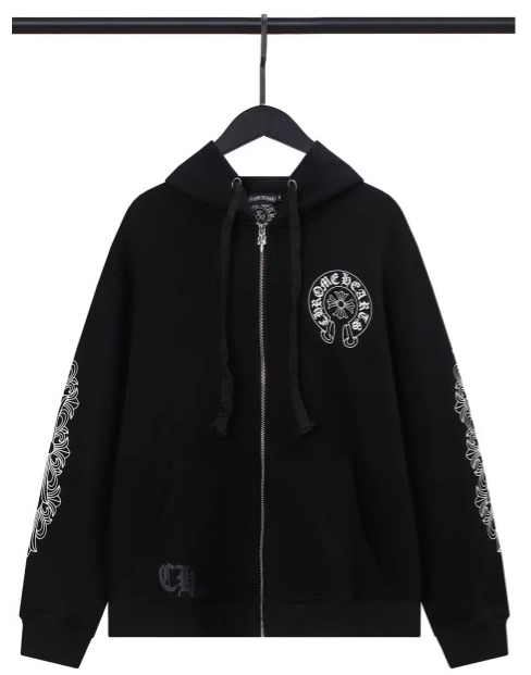 Chrome Hearts Horseshoe Floral Cross-Sleeve Zip-Up Hoodie